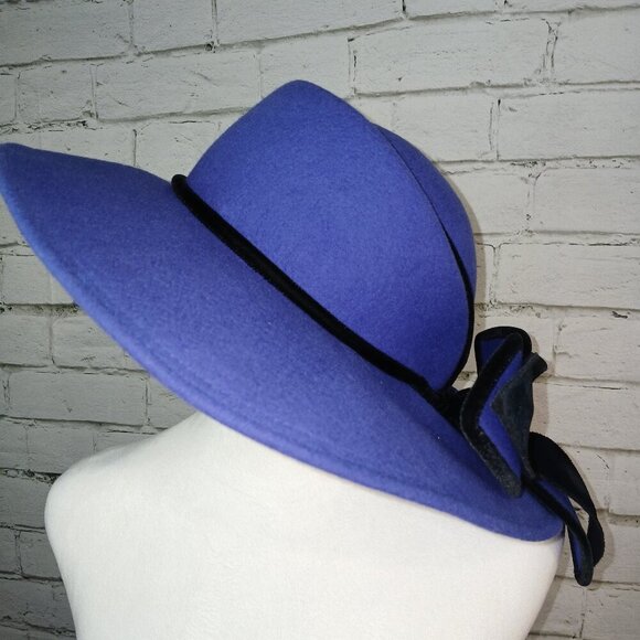 MR D DESIGNER WOOL HAT, WOMEN'S, ELECTRIC BLUE WITH BLACK FLORAL LEAF DESIGN - Picture 2 of 12